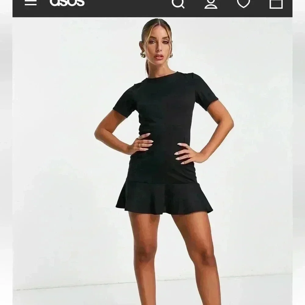 ASOS DESIGN short sleeve ponte mini dress with pep hem in black size 8 - Picture 3 of 6